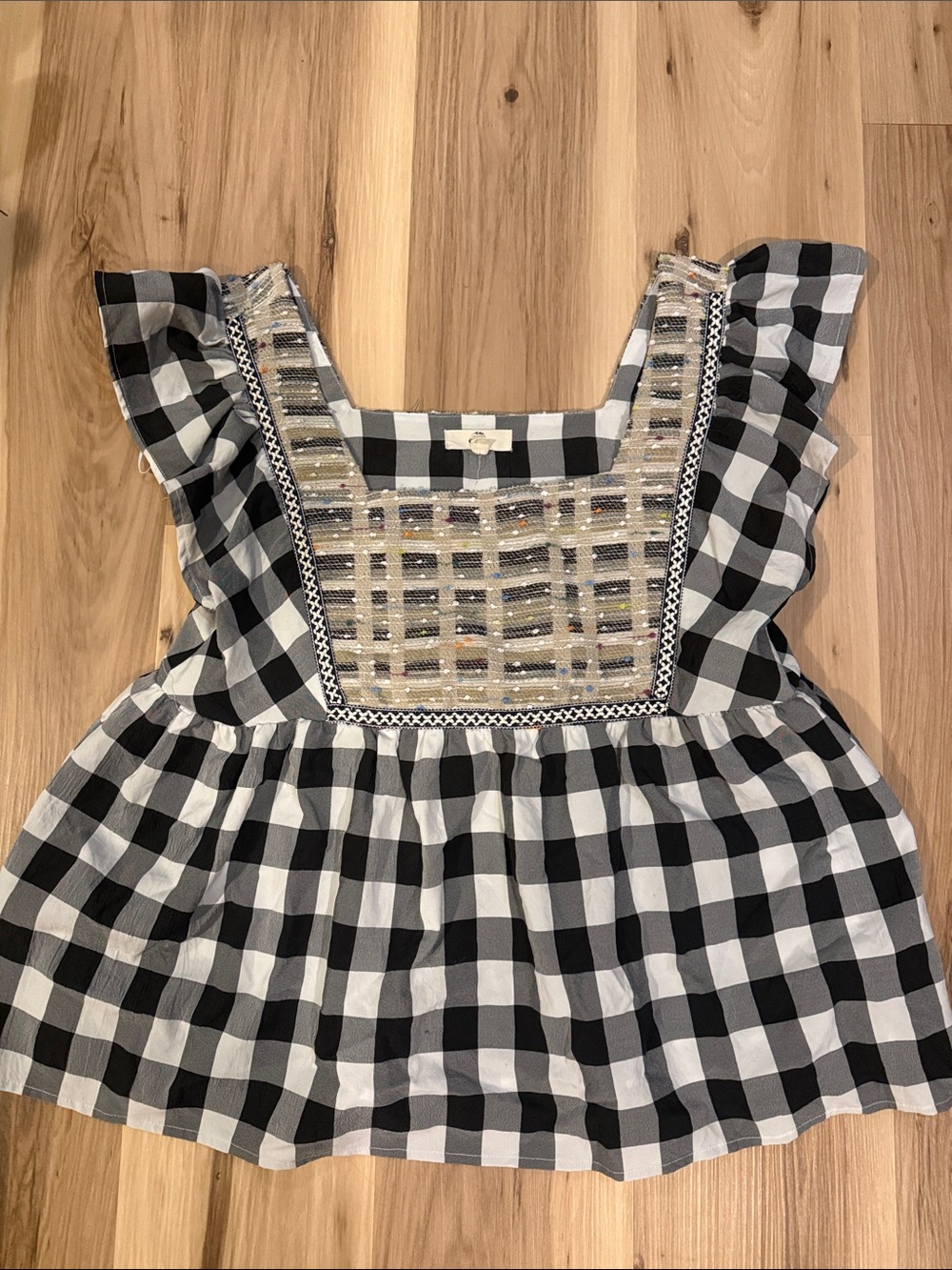 entro Black and White Gingham Embroidered Peplum Blouse
